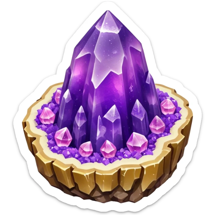 3D render of Rock Candy Geode, made entirely of dessert materials, glistening sugar crystal texture, sjagged translucent purple sugar crystals, delicious confectionery aesthetic, Apple emoji style, isolated on white background --v 6.0. sticker