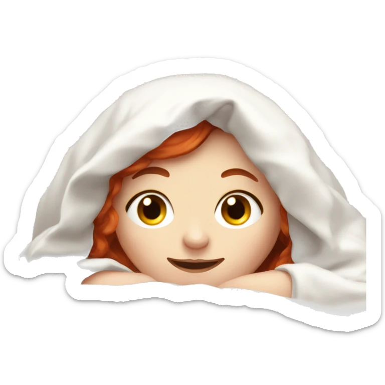Pale Girl with red hair laying down cozy in a white blanket sticker