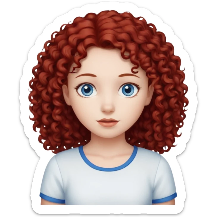 generate a young girl with dark red curly hair, blue eyes. in white top  sticker