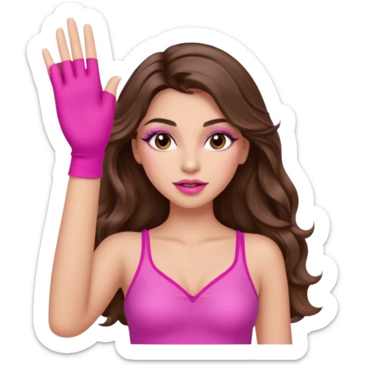 girl with long wavy brown hair, brown eyes, long lashes makeup, sexy pink lips, light to medium complexion, wearing a pink sexy top, one hands in the air high sticker