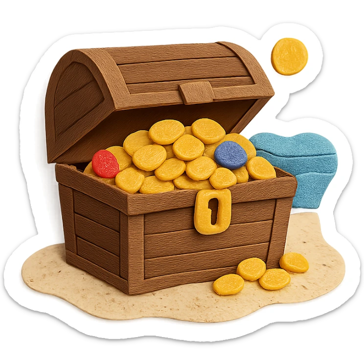 illustration of a treasure chest overflowing with gold coins and jewels on a sandy beach in paper-craft style sticker