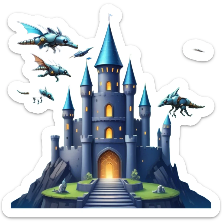 Icon for Fantasy and Sci-Fi Movies: A magical collage with flying dragons. futuristic spaceships and UFOs. Stars and planets shimmer in the background with a mystical castle Hogvards an ancient wizard and robots. The atmosphere is epic, otherworldly and adventurous. Transparent background. sticker