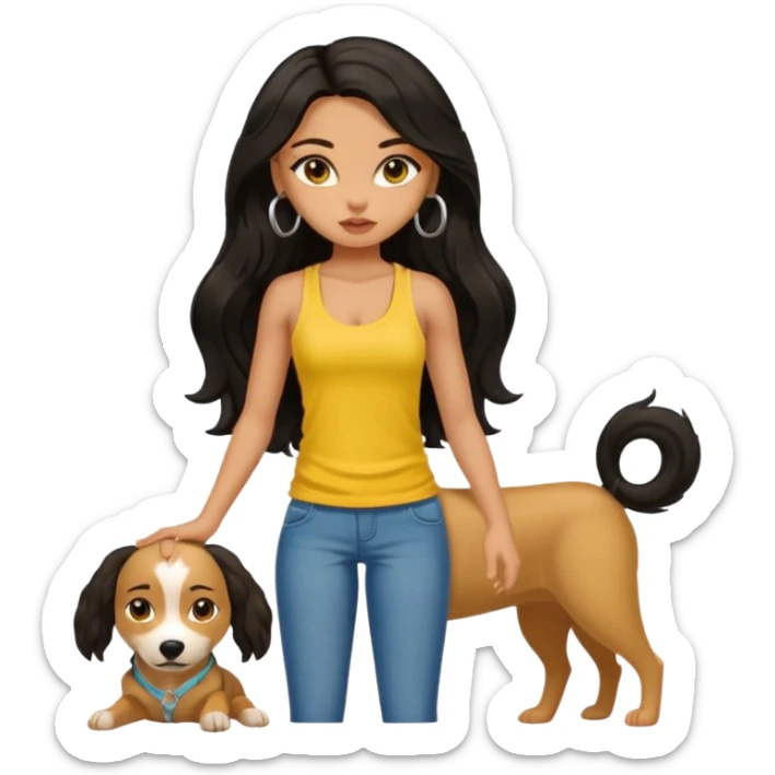 a tan pretty bratz girl with long wavy black hair, wearing a yellow tank top with a street dog sticker