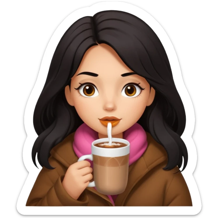 anned Girl with lashes , bright black long hair, in an extremely big fluffy brown oversized jacket, and drinking hot chocolate drink sticker