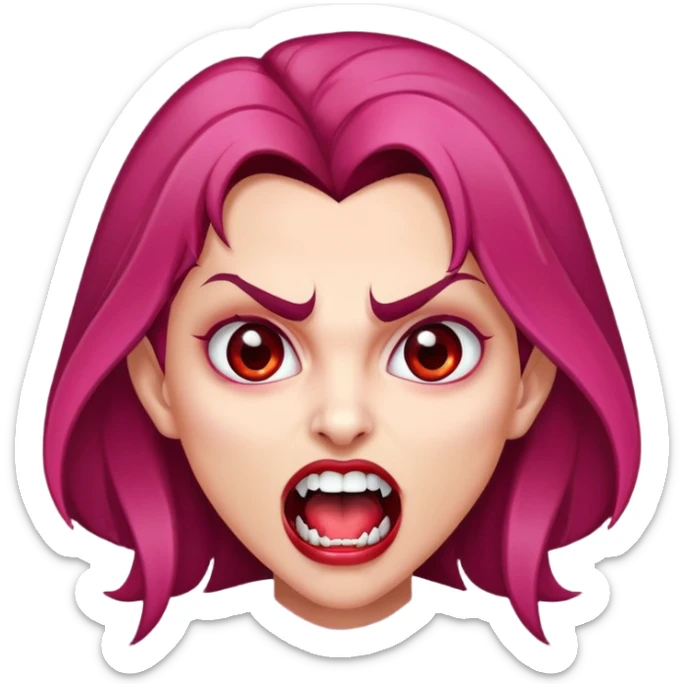 Uma vampira, com a boca aberta mostrando os caninos afiados. Olhos castanhos, cabelo com mechas vermelhas quase rosa. Rosto oval, tom de pele parda. sticker