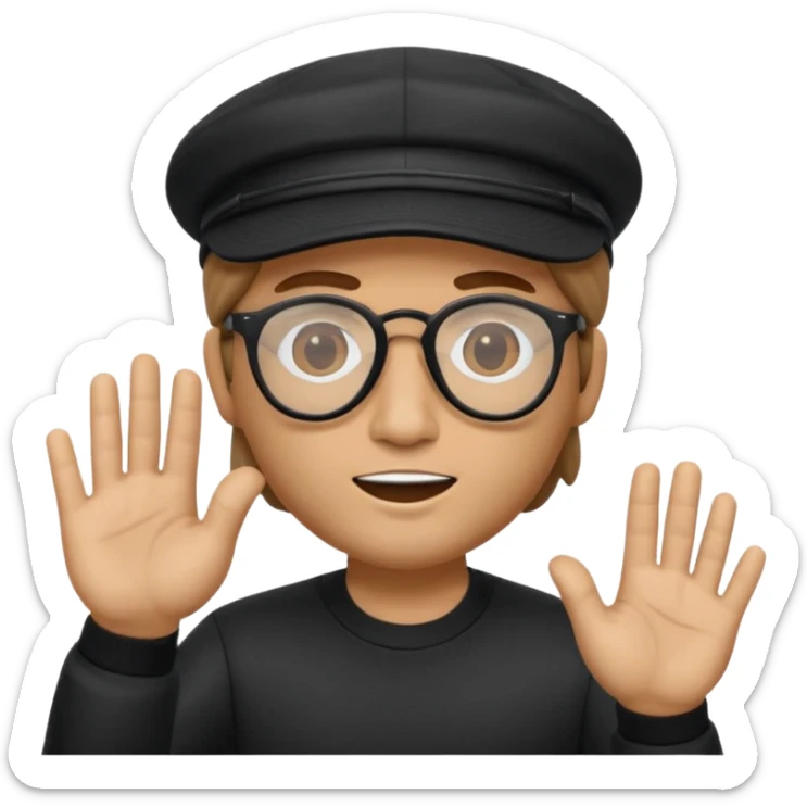 el Memoji es un personaje masculino con cabello castaño, gafas y una gorra blanca. Tiene la mano levantada como si estuviera diciendo "stop" o "espera". sticker