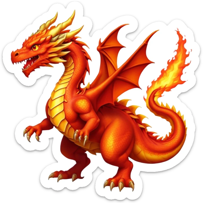 cinematic-noble-fierce-fire-dragon-full body-emoji,-poised-and-imposing,-with-a-muscular,-scaled-body-ablaze-in-fiery-hues-of-crimson,-molten-orange,-and-molten-gold,-and-intense,-burning-eyes-that-mirror-the-heart-of-a-volcano;-rendered in detail, displaying hi sticker
