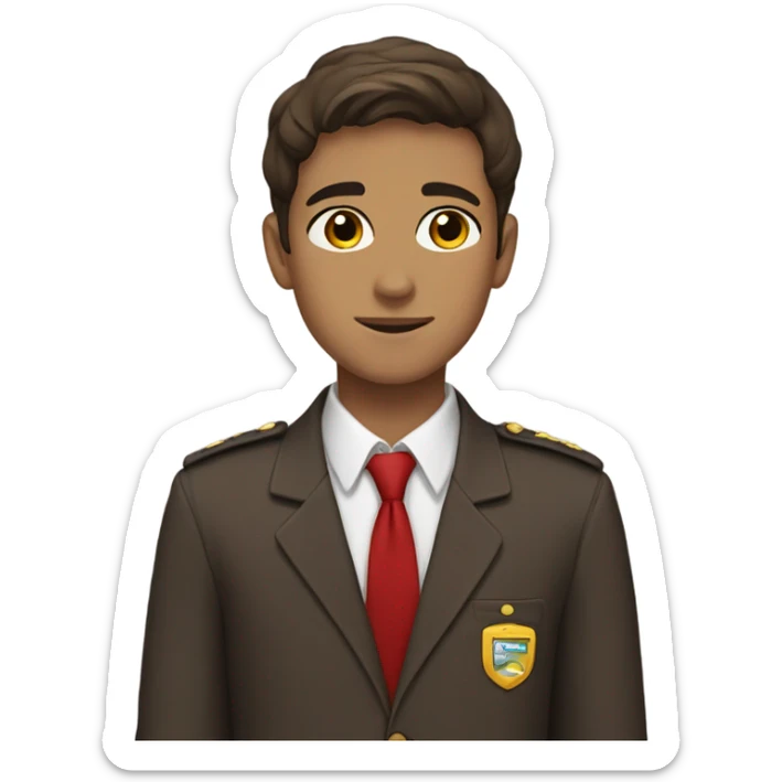 it's a very calm guy, 17-18 years old, has brown short hair and brown-blackish eyes, in a school uniform which is brown and has a red tie.  sticker