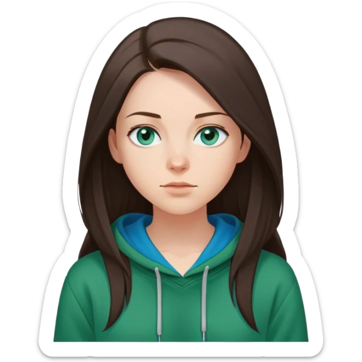 Young woman with fair skin, long straight dark brown hair, and blue eyes. She has a neutral facial expression. She is wearing a green hoodie over a dark top, and a thin necklace. The background is plain white sticker
