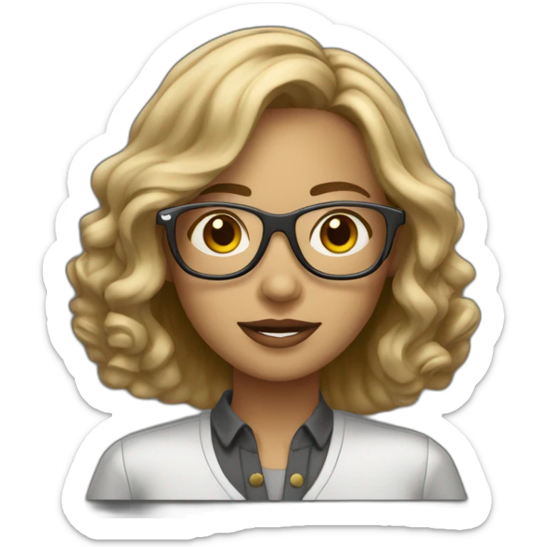 dark-blonde girl with bob wavy hair in glasses silver color glasses holding laptop light skin sticker
