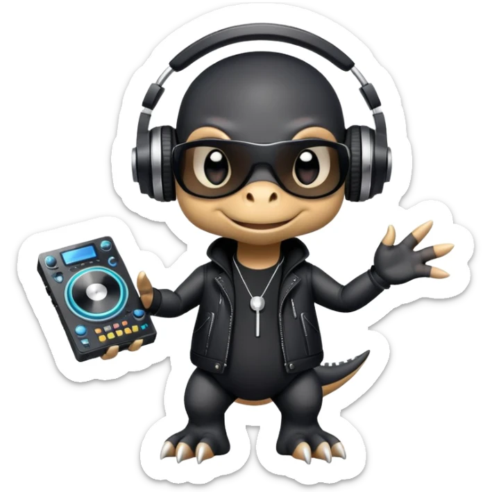 Dinosaurio muy tierno músico DJ con ropa negra futurista  sticker