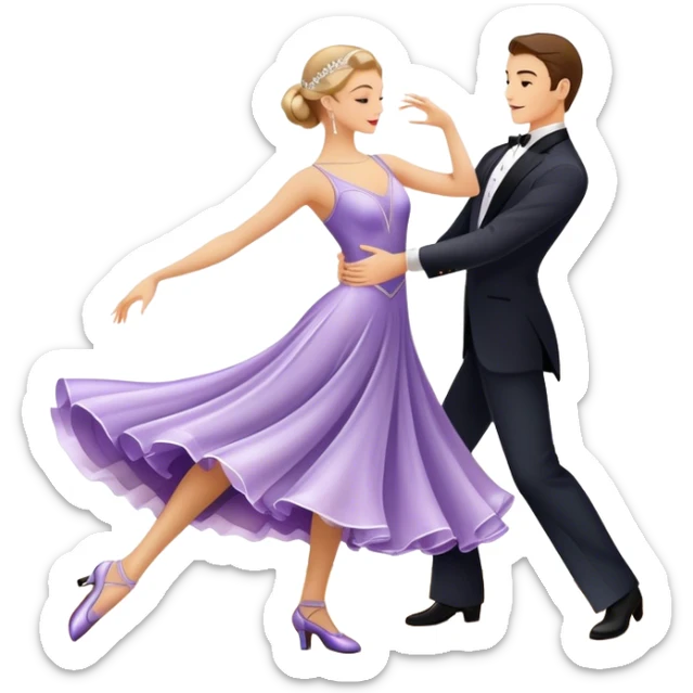  Icon for Ballroom Dance: elegant dance shoes, a flowing ballroom dress and a dance floor with soft lighting. The icon should capture the grace, elegance, and style of ballroom dancing. Transparent background. sticker