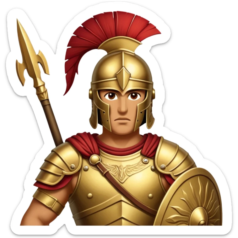 Cinematic-realistic Achilles emoji portrait fearlessly on the battlefield of Troy. His trojan armor gleams , each intricate engraving telling tales of his past glories. His piercing gaze locks onto his foe, his grip tightening around his spear.  sticker