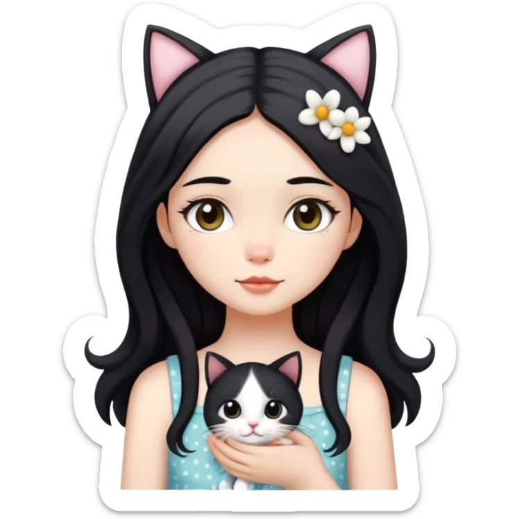 A pretty girl with long black hair wearing a nice sundress and some cutie decorations topped on her head while holding her black and white cat sticker