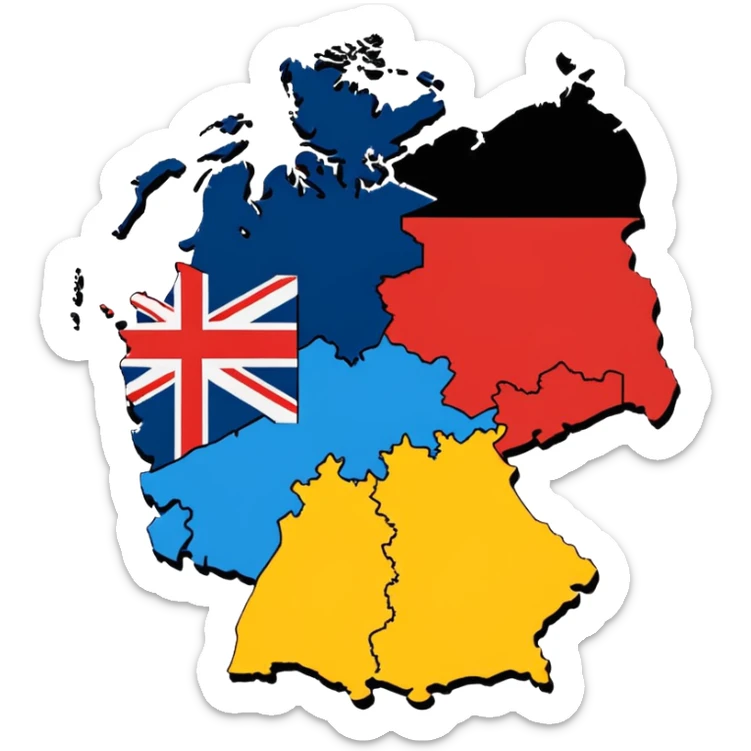 Germania divisa con bandiera US sud-ovest (Monaco, Francoforte), UK nord-ovest (Amburgo, Colonia), URSS est (Berlino Est, Dresda), France sud-ovest (Stoccarda, Friburgo) sticker