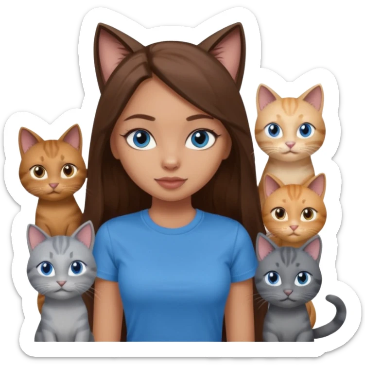 a pretty bratz dusky light skin girl with long brown hair, blue eyes with six cats nd wearing a grey tshirt sticker