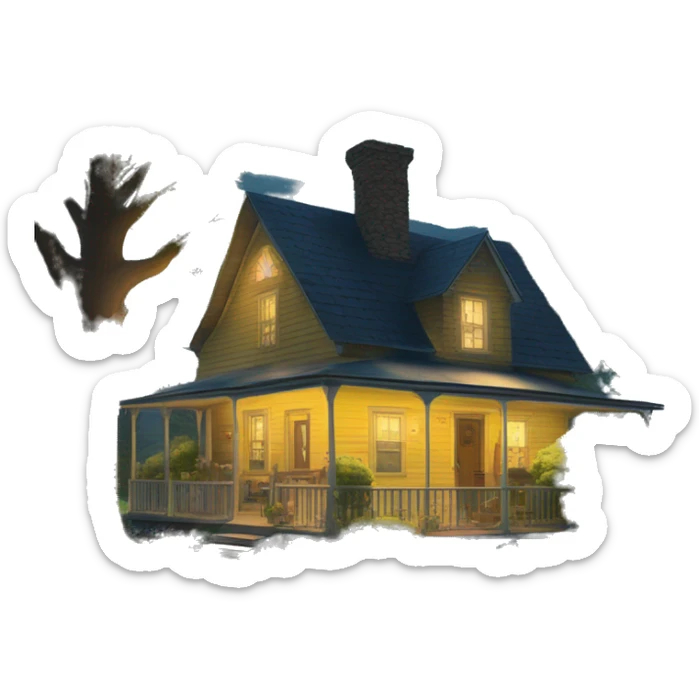  very very big Cabin near a big tree.  Thick moss growing on the roofs. grass fields. porch lights turned off. bright white interior lights turned on. guests sitting in chairs on the porch, flowers and bushes are yellow and blue. sticker