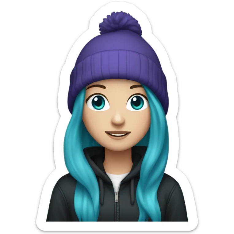 White girl, blue eyes, long teal hair, purple beanie hat, black hoodie, blue jeans, black shoes sticker