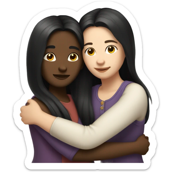 A lesbian couple who both have white skin and long black hair are hugging intimately. sticker