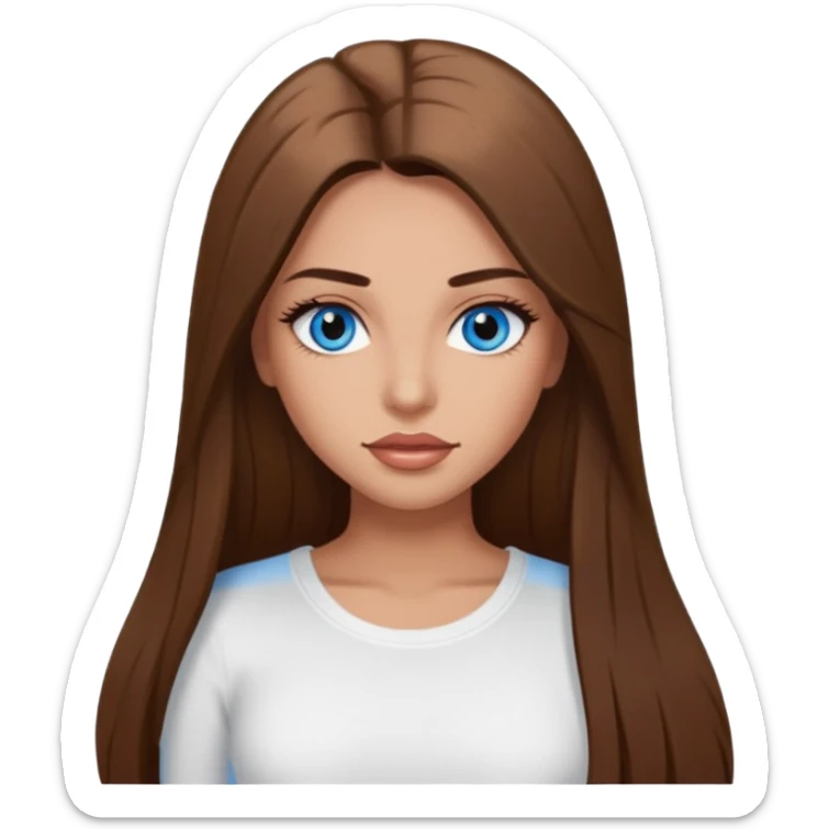 make a woman emoji with pin straight long brown hair and blue eyes with longeyelashes wearing a white top latina baddie sticker