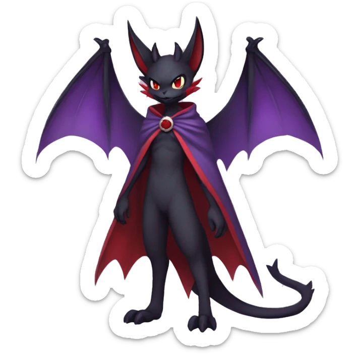  Black Red Purple Anthro Kawaii Edgy Cool Vampiric Demonic Beautiful Noivern-Nargacuga-Litten with big Bat Ears and wearing a cape and collar full body sticker
