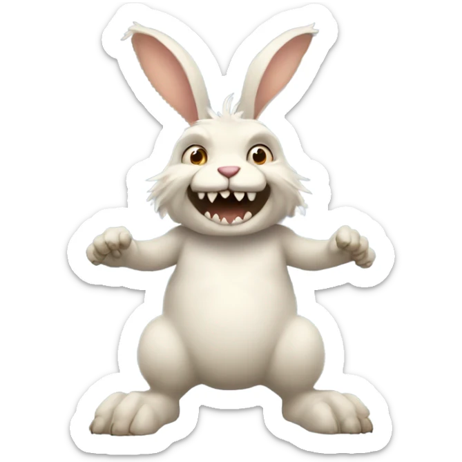 Fluffy standing rabbit with skin colour hands feet and face of a monster with a wide grin across whole face with nine triangle teeth sticker