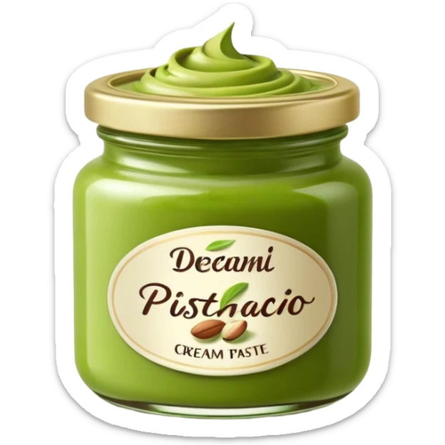 small jar of creamy pistachio paste with rich green color and smooth slightly glossy swirled surface, minimal jar with round cap, no branding, partially open to reveal vibrant spread, soft lighting, subtle shadows, emoji scale sticker