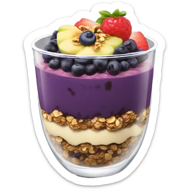 Açaí in a clear cup with layers of fruits and granola and condensed milk sticker