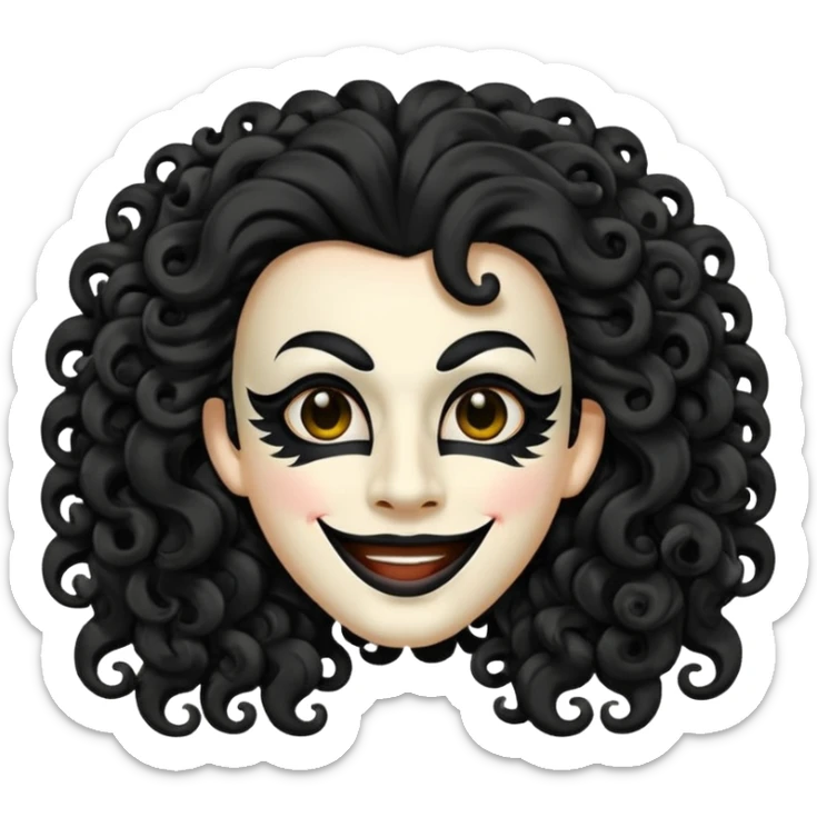 generate theatre mask emoji with a big curly black hair 

wide black coloured smile, long and pointy white nose with no nostrils, pitch black eyes sticker