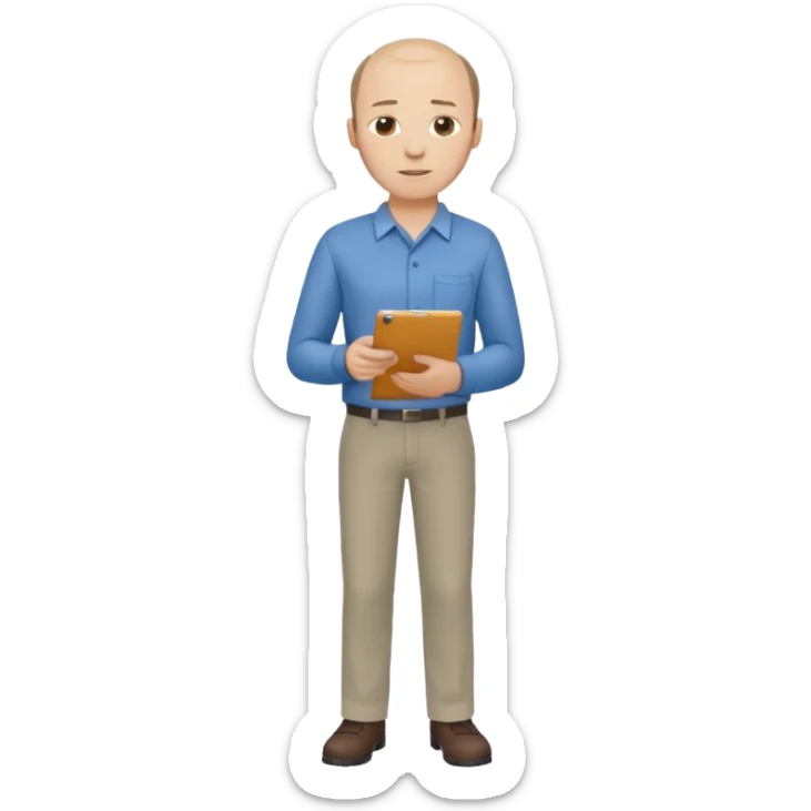 man mid 30's shirt and trousers balding hairline standing holding a clipboard sticker