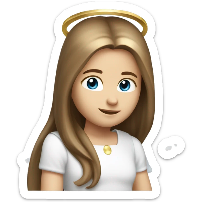 Caucasian brunette angel with long straight hair, dimples, big blue eyes, golden hoop halo over head and wings on back sticker