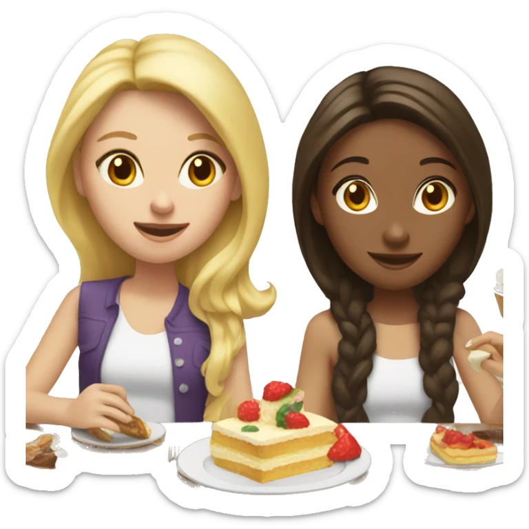 Blonde and brunette, white girls eating brunch. The brunette has a birthday party hat on  sticker