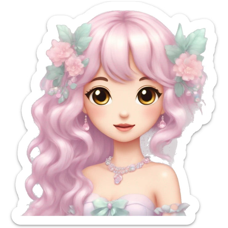 Dreamy pretty elegant kawaii shiny blushing shy anime pastel lady kawaii beautiful hair naturecore fairycore cottagecore jewels trending aesthetic full body sticker
