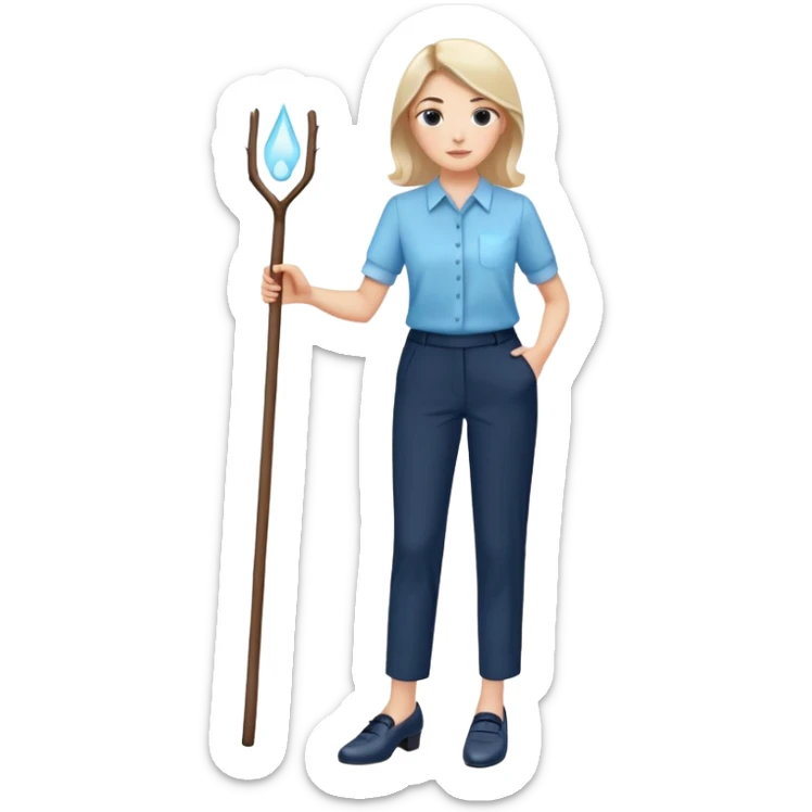 female smart light blue blouse, dark trousers, shoes. one hand holding a stick sticker