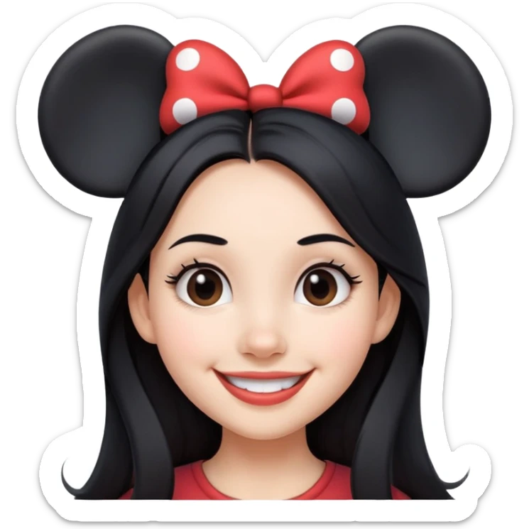 smiling girl with long black hair wearing Mickey Mouse ears from Disney world sticker