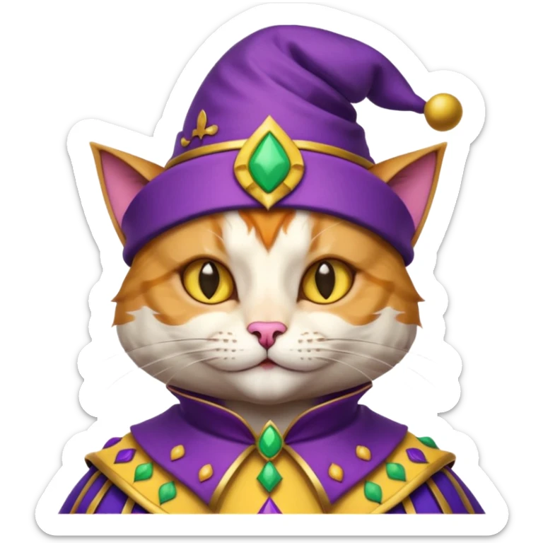 crazy colorful cute little cat jolly joker from poker, medieval, vintage, court jester, mac os icon, purple and yellow color, half body sticker