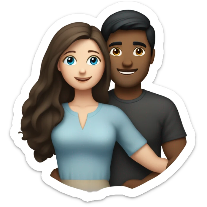 Couple embracing with arms around each other; white woman with blue eyes and brown hair, Indian man with black hair  sticker