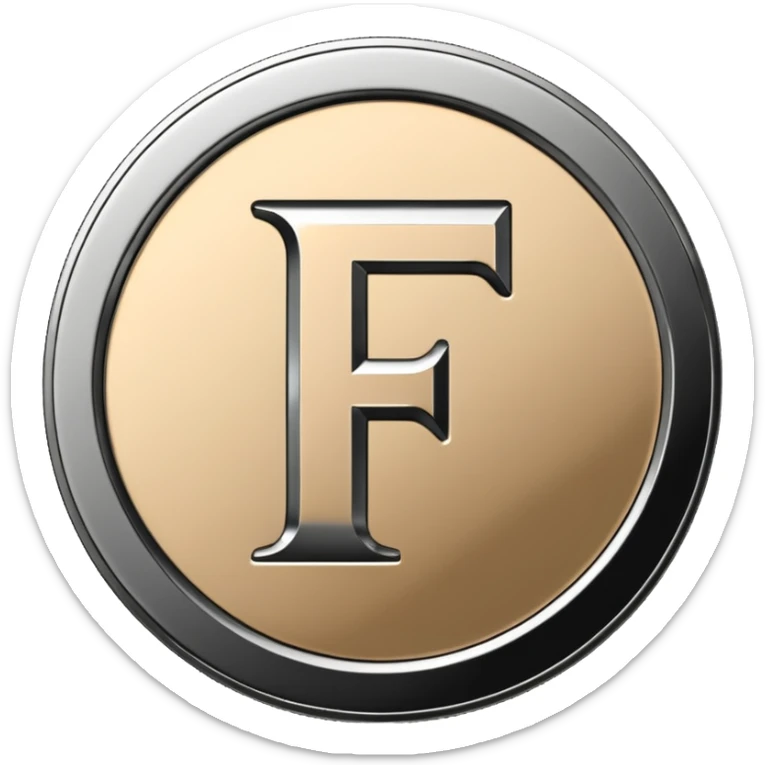 Emoji icon of a metal coin with engraved letter F, minimalist style, isolated, only black color sticker