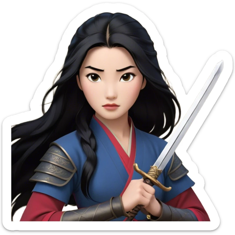 Cinematic Realistic Mulan Portrait, depicted with lifelike skin texture, soft natural lighting, and intricately detailed long black hair styled elegantly. Her deep, expressive eyes exude determination and grace, complemented by a serene yet confident expression. She stands with one hand resting on the hilt of her sword, the other by her side, exuding strength and poise. She is dressed in her classic attire, with rich fabric textures and delicate folds that catch the light beautifully. The portrait features a soft, enchanting glow with a natural, radiant finish, capturing the essence of timeless strength and beauty in a realistic and painterly style, evoking a sense of depth and authenticity. sticker
