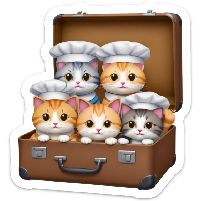 a group of cats, all but one wearing chef hats, sitting together inside a big suitcase, emoji style sticker