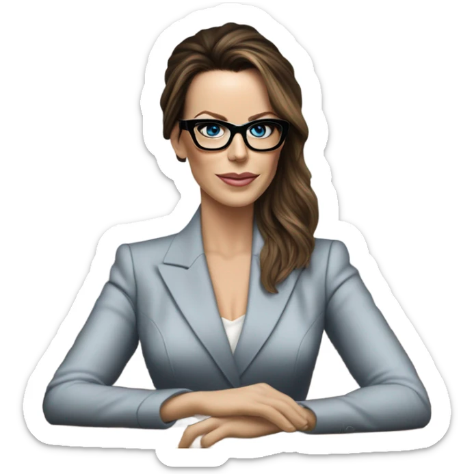 Hyper Realistic photo Kate Beckinsale blue eyes wearing glasses in a business meeting high fashion  sticker