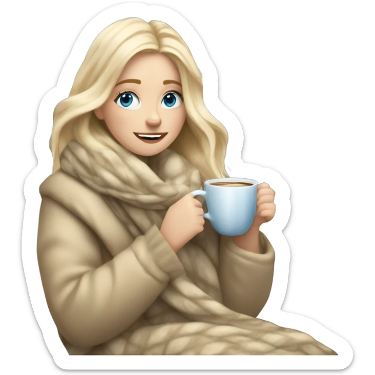 Blonde hair blue eyed white girl covered in blanket winter vibe sitting on a cozy chair holding coffee sitting next to a snowy window sticker
