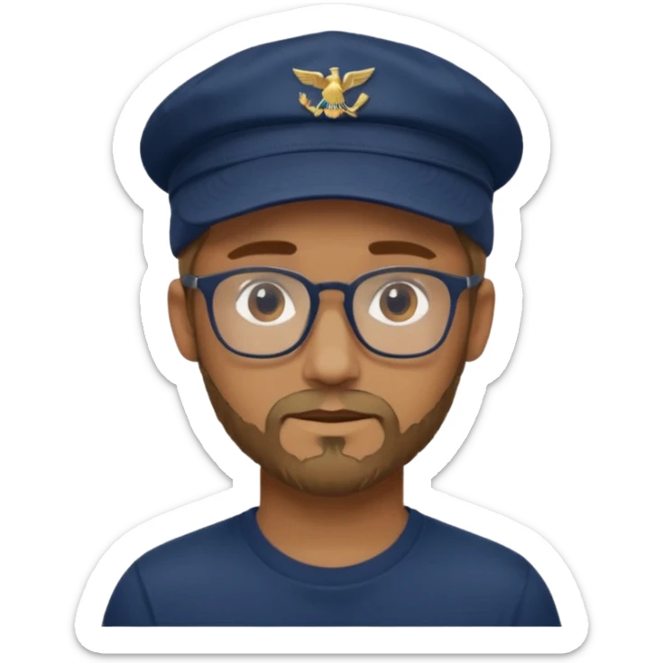 guy with navy blue and dark green cap, brown glasses, white t-shirt, and dark blonde scruff sticker