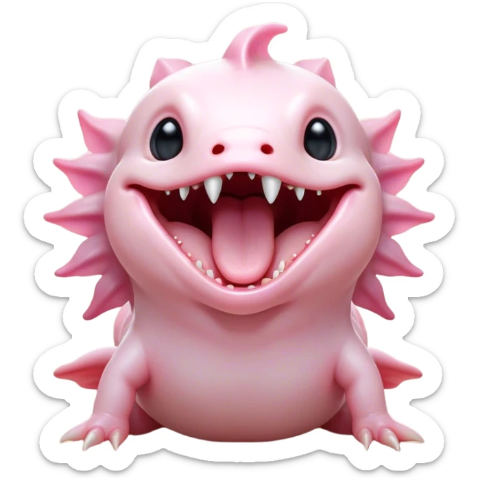 Cinematic Cute Yawning Axolotl Portrait Emoji, Head tilted slightly with a dramatic, wide-open yawn, showcasing smooth, pale pink skin with softly drooping feathery gills, eyes barely open in drowsy contentment, Simplified yet irresistibly adorable features, highly detailed, glowing with a soft, cozy glow, high shine, relaxed yet expressive, stylized with a touch of whimsy, bright and endearing, soft glowing outline, capturing the essence of a sleepy yet affectionate aquatic creature, so drowsy it feels like it could stretch out of the screen and curl up for a nap! sticker