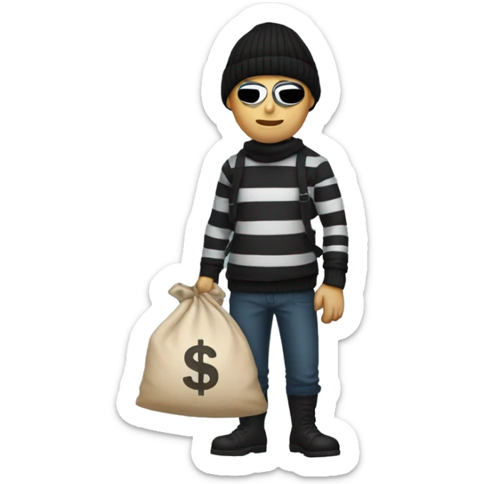 Thief wearing mask, striped shirt and black beanie, holding a sack of money behind his back. Just the top part sticker