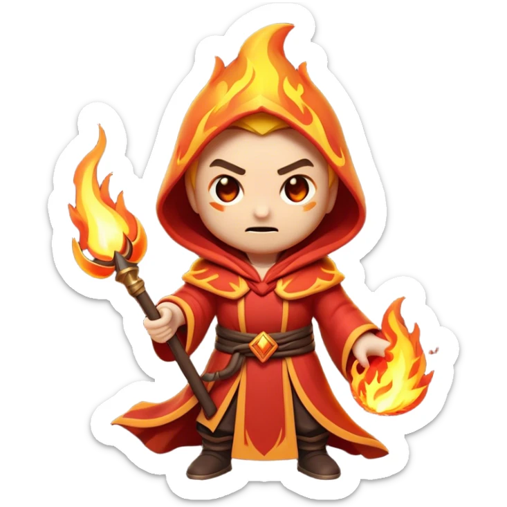Clash of Clans aesthetic: Cinematic Ferocious Fire Mage Hero closeup Emoji, rendered in a 3D vector-style similar to standard emojis with minimal shading and bold, simplified shapes. A compact, isometric figure draped in flowing, charred and ember-lined robes, wielding a fiery staff crackling with intense flames. Eyes burning with an infernal glow, exuding raw, untamed power. Simplified yet unmistakably iconic, highly detailed and consistent, glowing with a fiery, molten radiance and high shine. Stylized with a touch of menacing sorcery and a searing, ember-infused outline, capturing the essence of a wrathful mage ready to unleash devastating fire magic! sticker