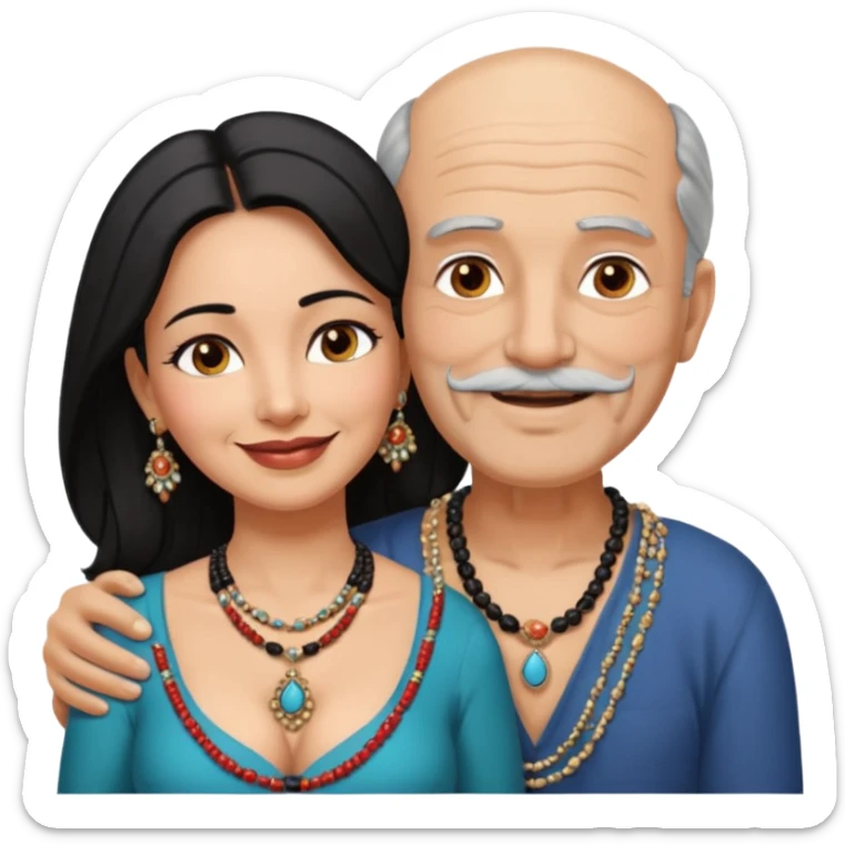 I want an old man with balding and grey beard  wearing no jewelery and a woman in her 40s with dark black hair parted in indian woman style wearing a beads chain  with the cleavage of the woman visible in a passionate embrace. The man should have no jewellery, both must be blissfully smiling sticker