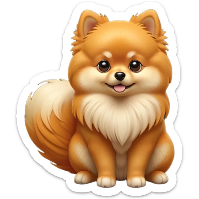 cinematic-[pomeranian]-realistic-full-body-sitting-emoji,-tail-resting-loosely-beside-its-paws,-head-tilted-dramatically, -fluffy-[orange]-fur,-simplified-yet-realistic-focused-features,-highly-detailed,-glowing-with-an-almost-sarcastic-glow sticker