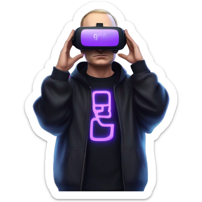 Putin wearing a black hoodie with "OMG" letters on it and VR headset oculus quest 2 in a cyberpunk VR environment with violet neon lighting. sticker