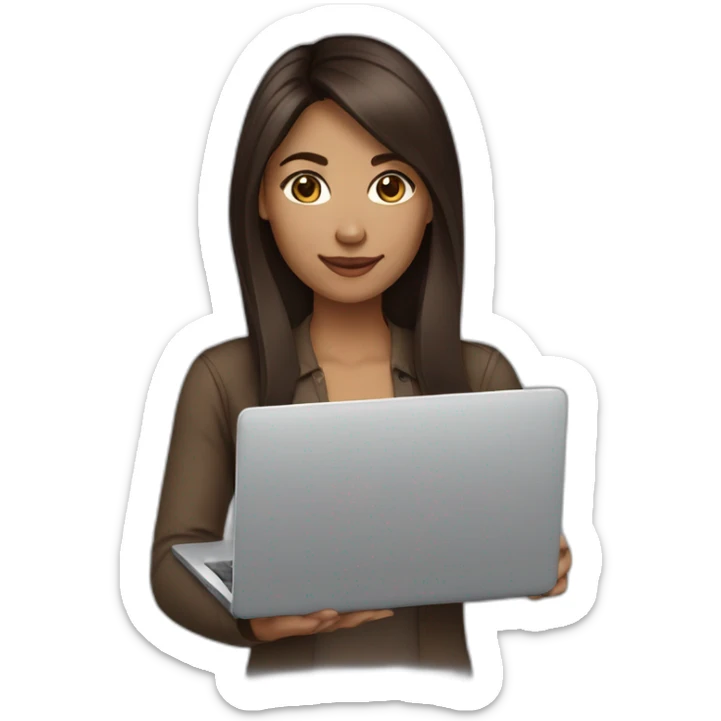 woman light brown skin long dark brown hair with laptop, brown eyes sticker